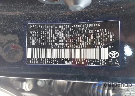 2015 Toyota Corolla S Plus from USA, damaged, VIN 5YFBURHEXFP293387